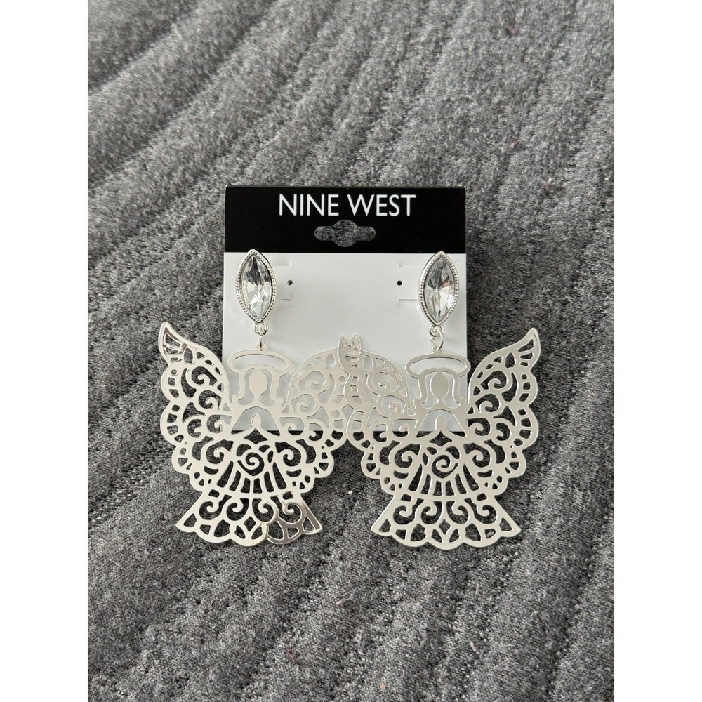 NINE WEST SILVER TONE ANGELS EARRINGS RELIGIOUS DANGLE‎